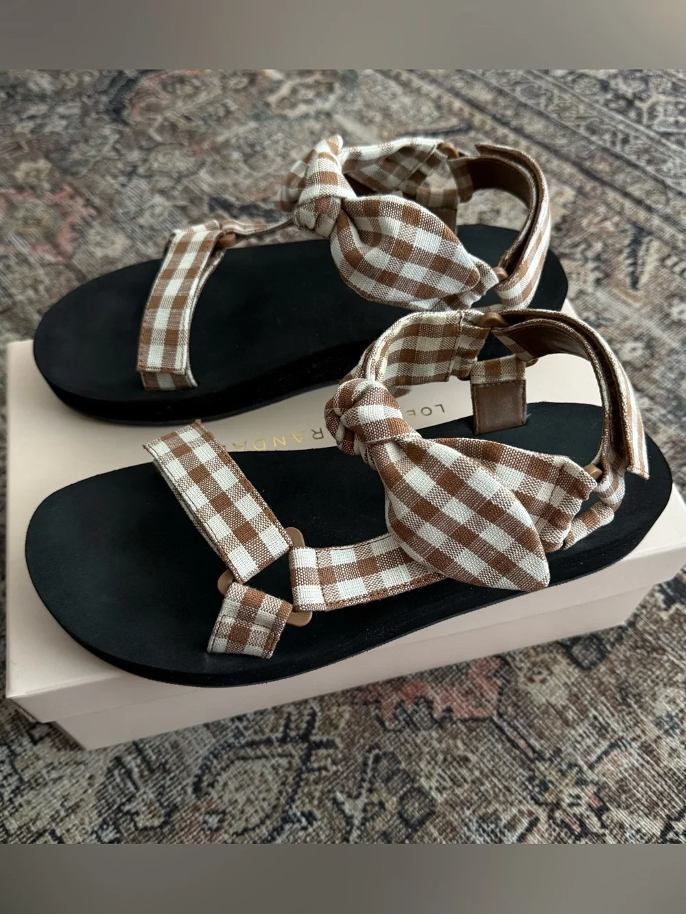 Loeffler Randall Maisie Brown and Cream Gingham Bow Sandals